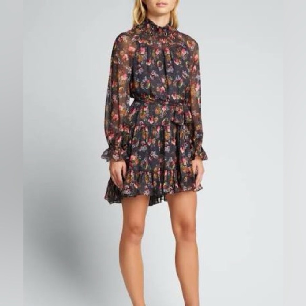Cinq a Sept Floral Long Sleeve Dress with Ruffle Details